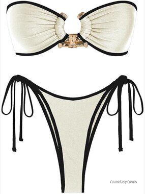 Strapless Bandeau Bikini Set High Cut Thong Bottom Removable Pads Adjustable